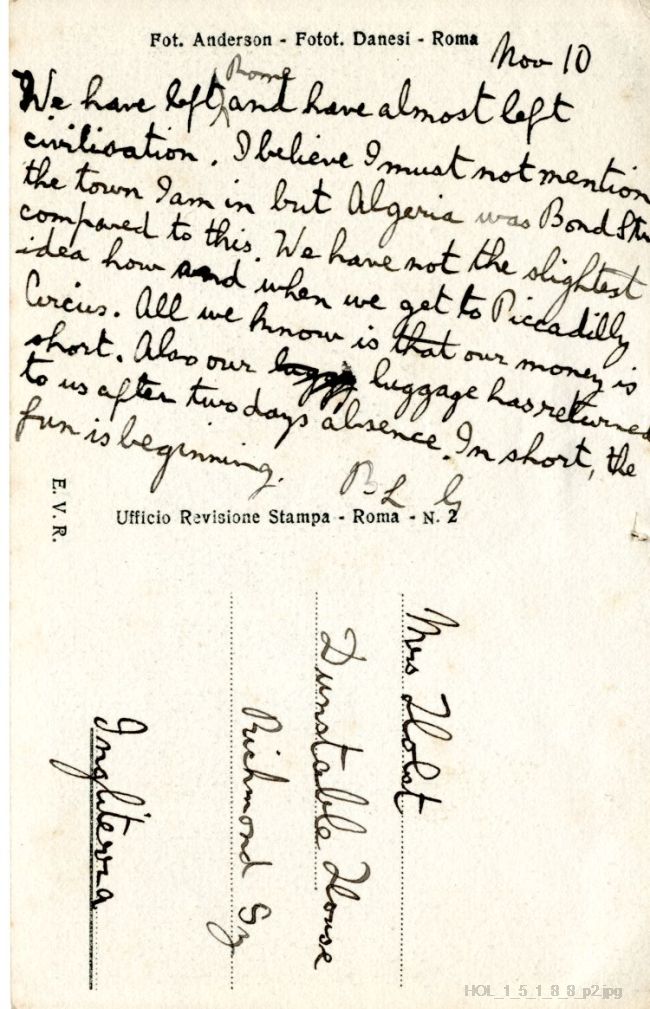 Postcard from Gustav Holst to Isobel Holst