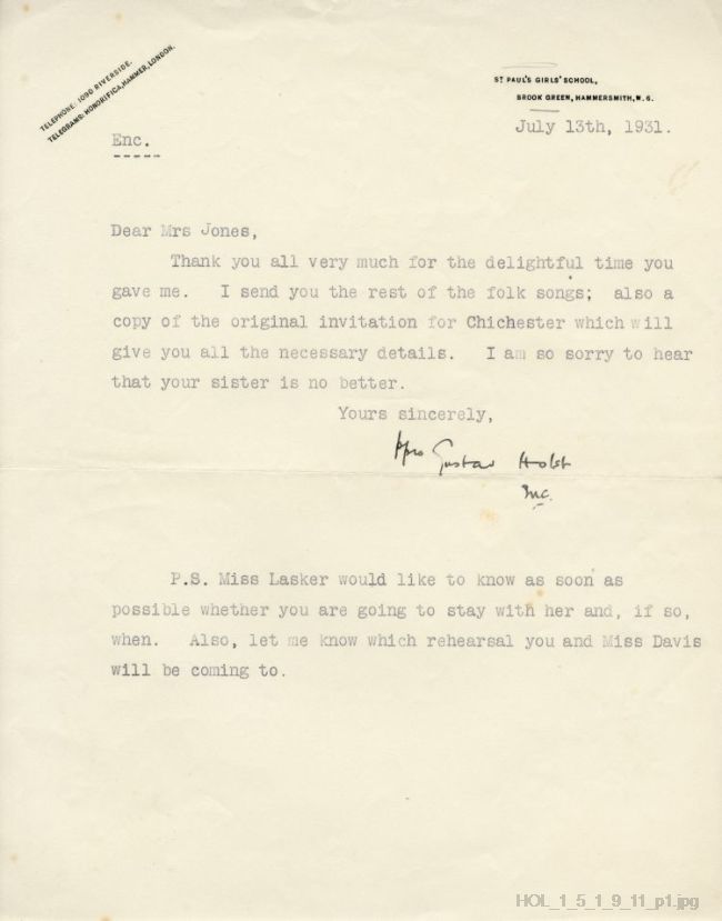 Letter from Gustav Holst to Dora Herbert Jones