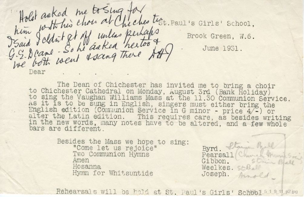 Letter from Gustav Holst to Dora Herbert Jones