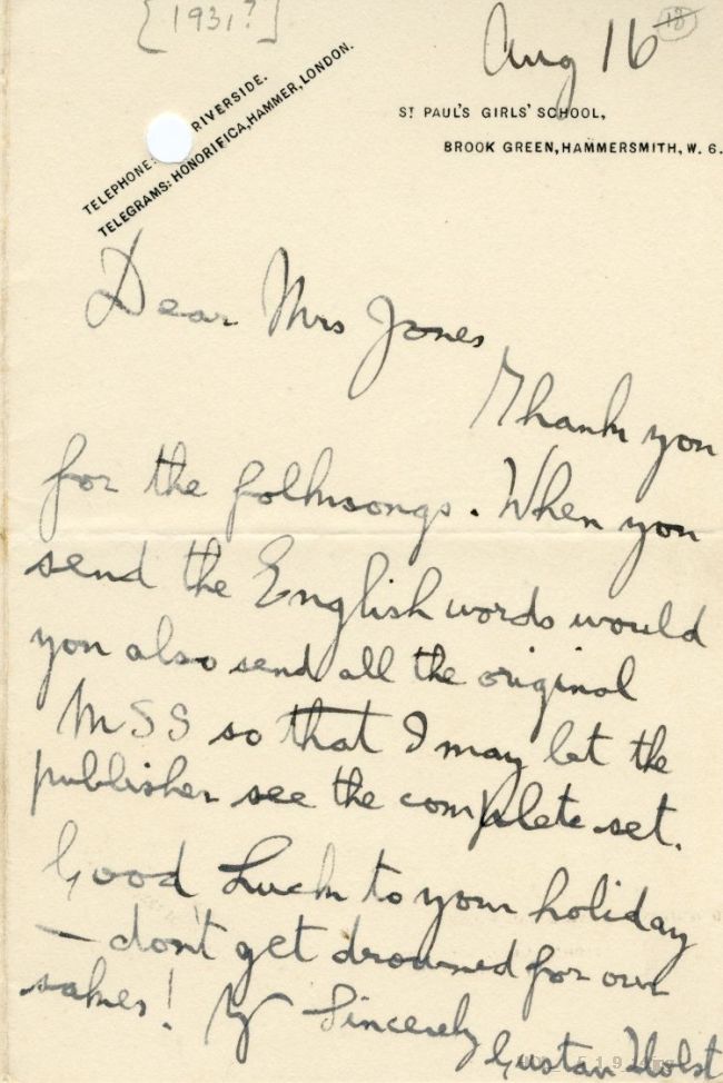 Letter from Gustav Holst to Dora Herbert Jones