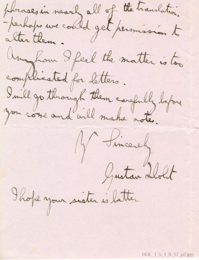 Letter from Gustav Holst to Dora Herbert Jones