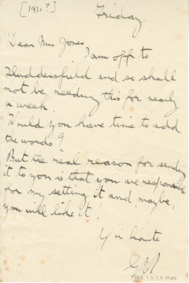 Letter from Gustav Holst to Dora Herbert Jones