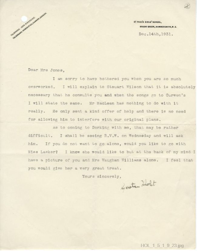 Letter from Gustav Holst to Dora Herbert Jones