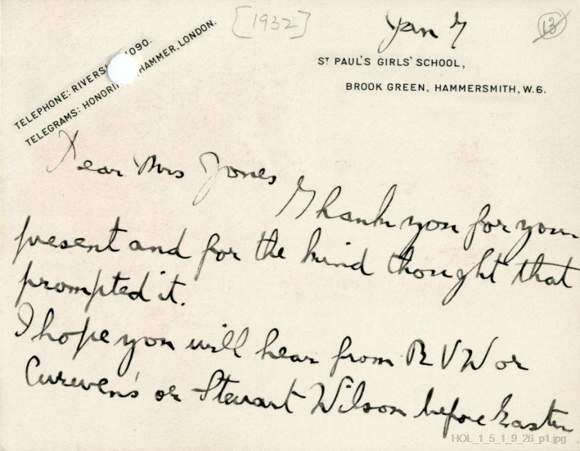 Letter from Gustav Holst to Dora Herbert Jones