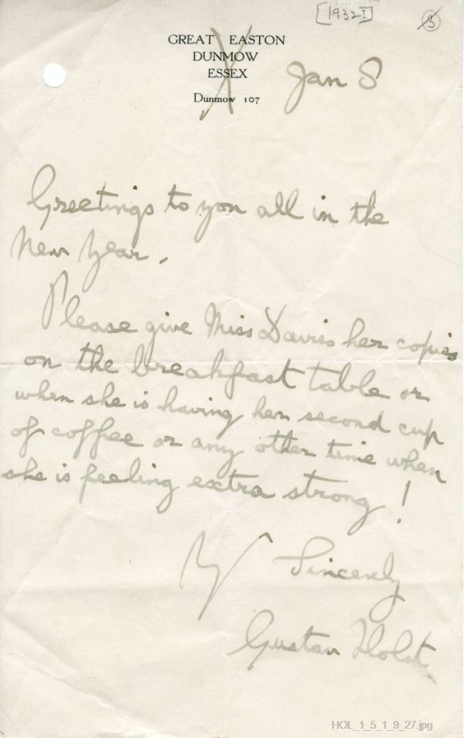 Letter from Gustav Holst to Dora Herbert Jones