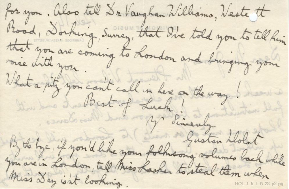 Letter from Gustav Holst to Dora Herbert Jones
