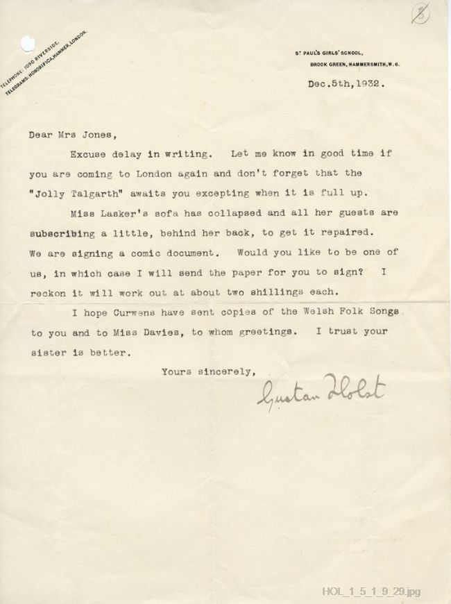Letter from Gustav Holst to Dora Herbert Jones