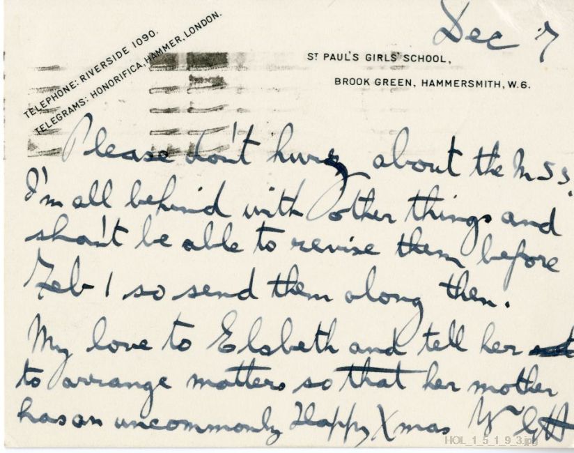 Letter from Gustav Holst to Dora Herbert Jones