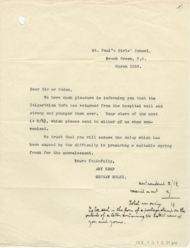 Letter from Gustav Holst to Dora Herbert Jones