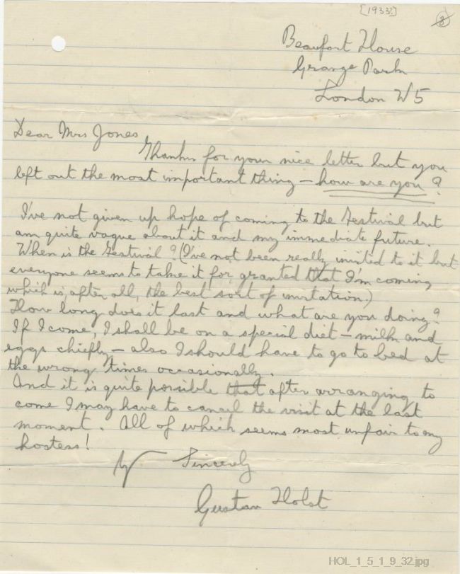 Letter from Gustav Holst to Dora Herbert Jones