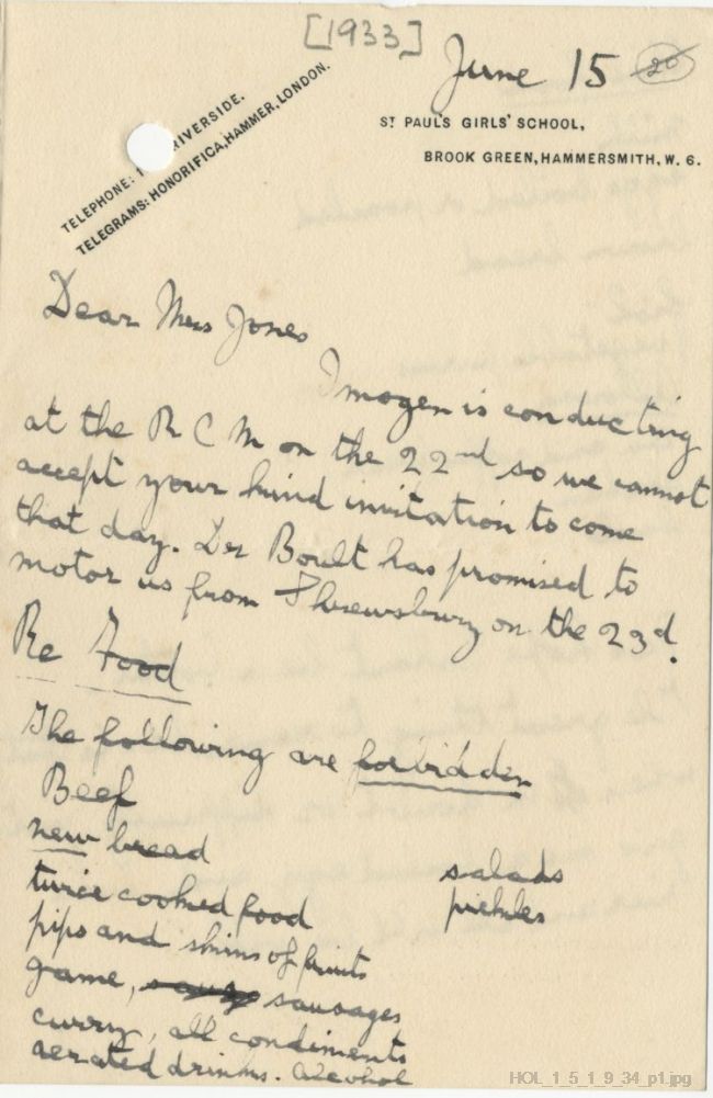 Letter from Gustav Holst to Dora Herbert Jones