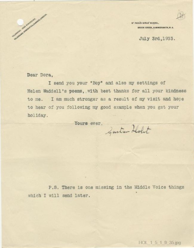 Letter from Gustav Holst to Dora Herbert Jones