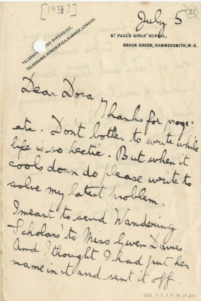 Letter from Gustav Holst to Dora Herbert Jones