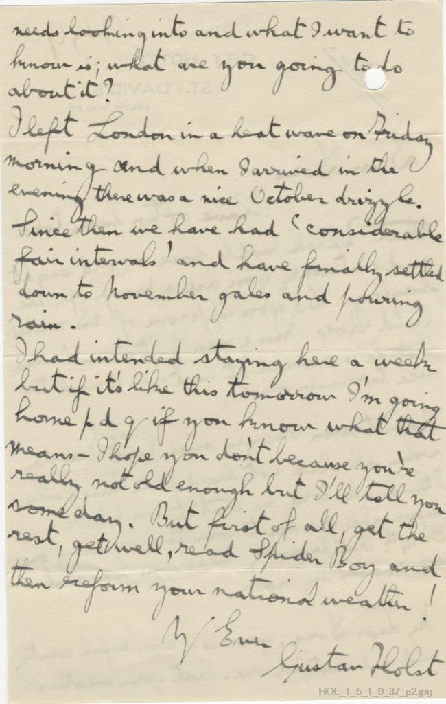 Letter from Gustav Holst to Dora Herbert Jones