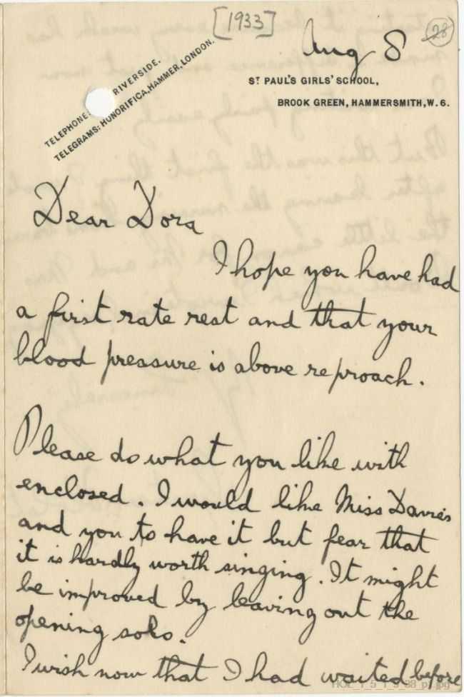 Letter from Gustav Holst to Dora Herbert Jones