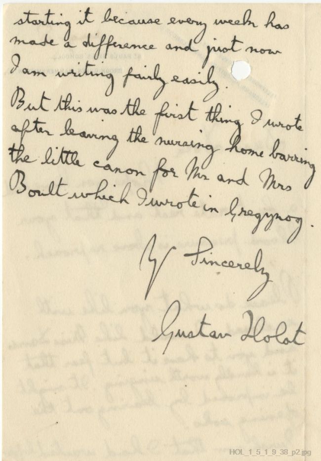 Letter from Gustav Holst to Dora Herbert Jones