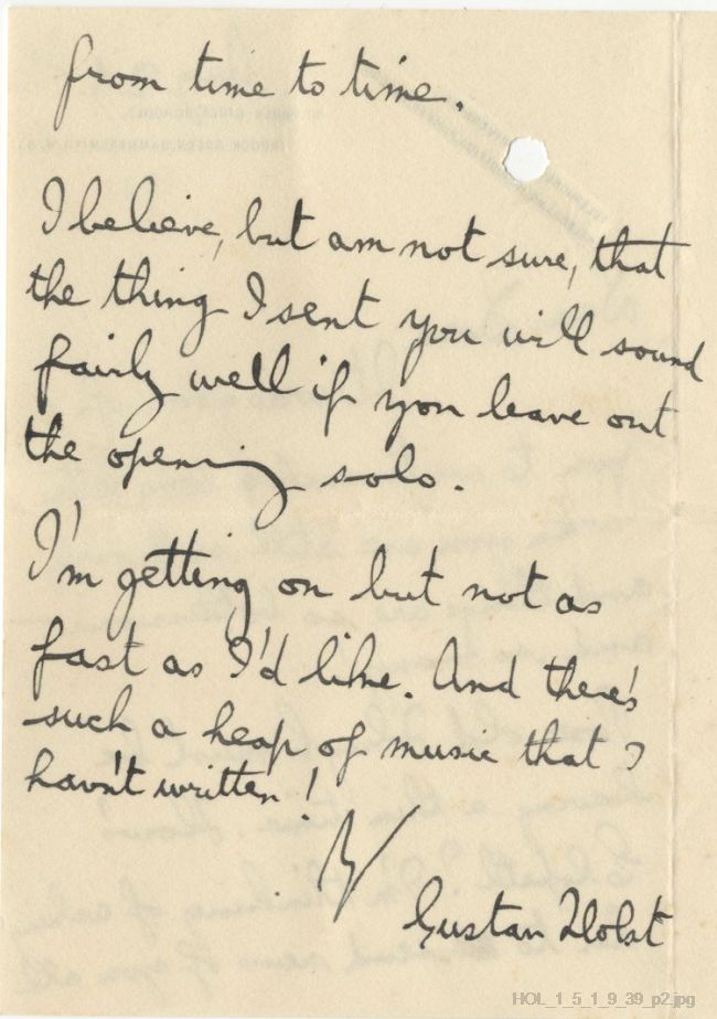 Letter from Gustav Holst to Dora Herbert Jones