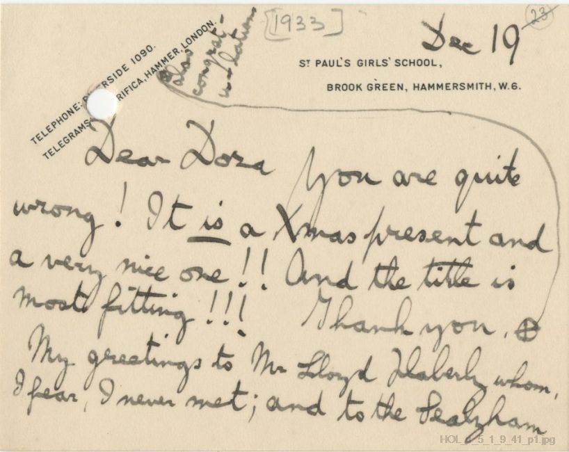 Letter from Gustav Holst to Dora Herbert Jones.
