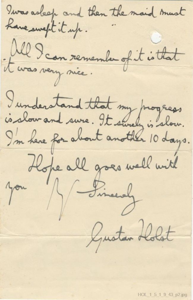 Letter from Gustav Holst to Dora Herbert Jones