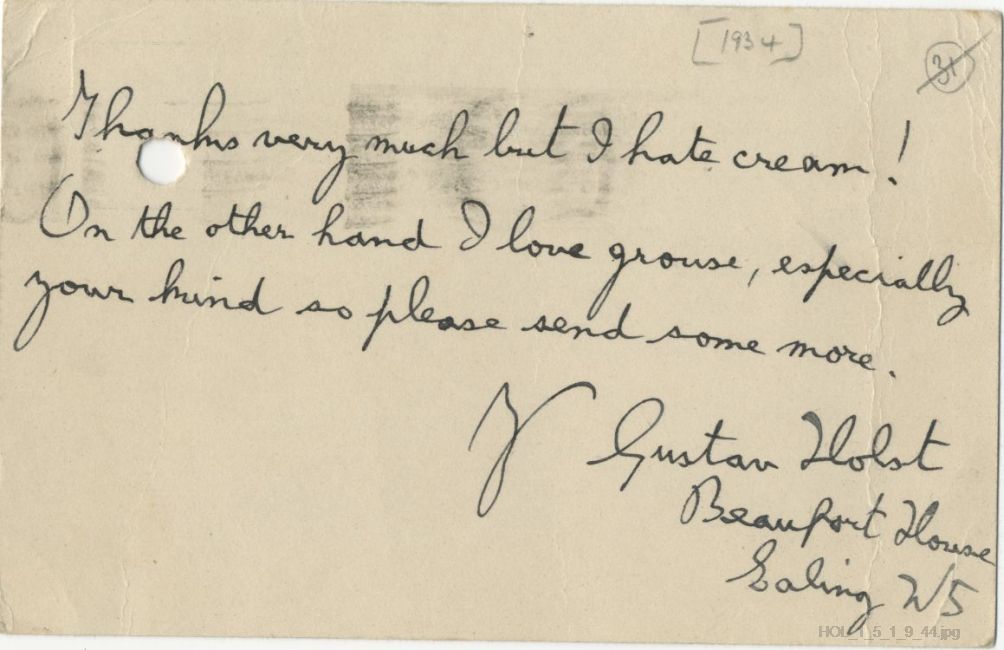 Letter from Gustav Holst to Dora Herbert Jones