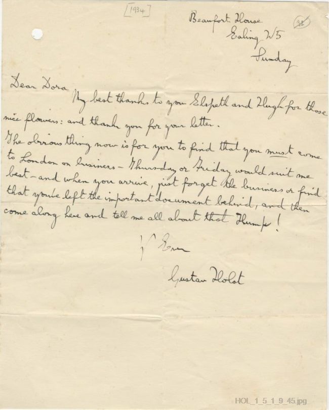 Letter from Gustav Holst to Dora Herbert Jones