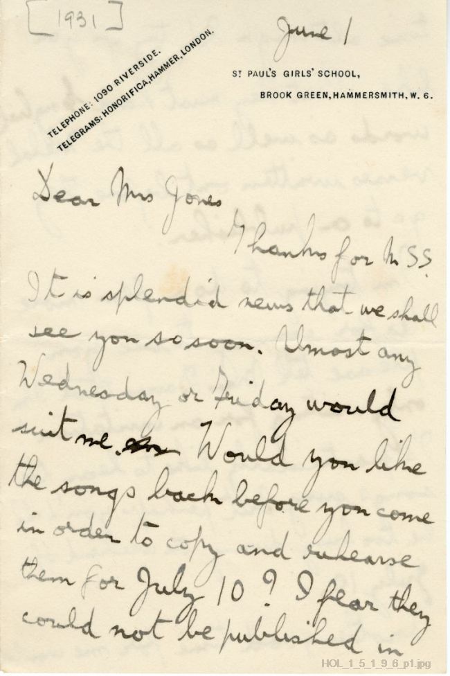 Letter from Gustav Holst to Dora Herbert Jones