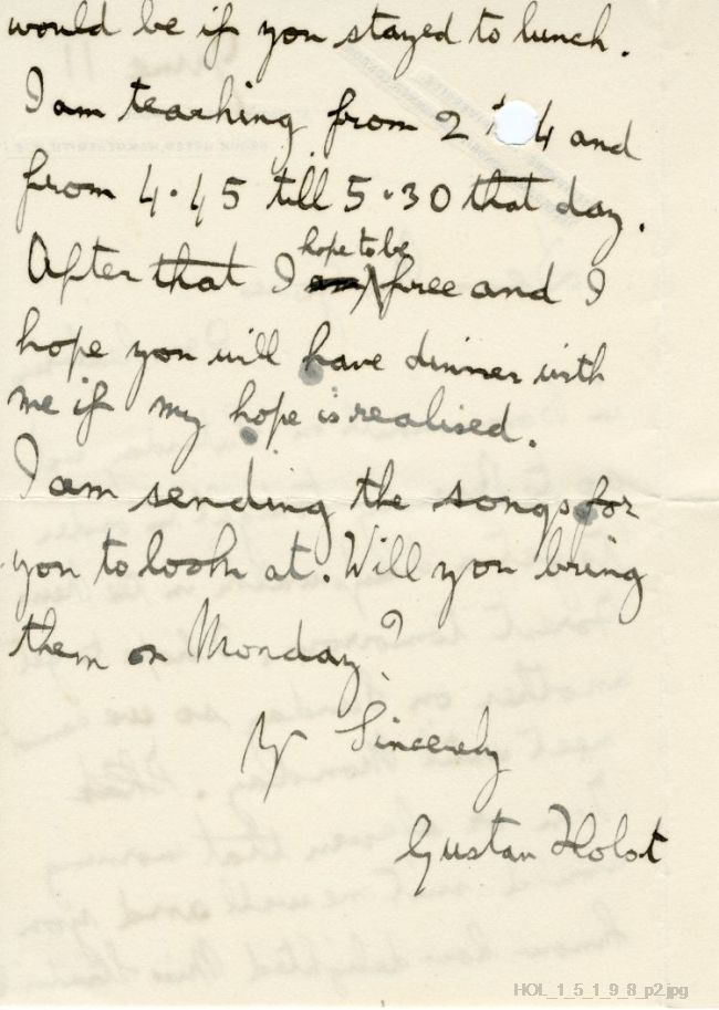 Letter from Gustav Holst to Dora Herbert Jones