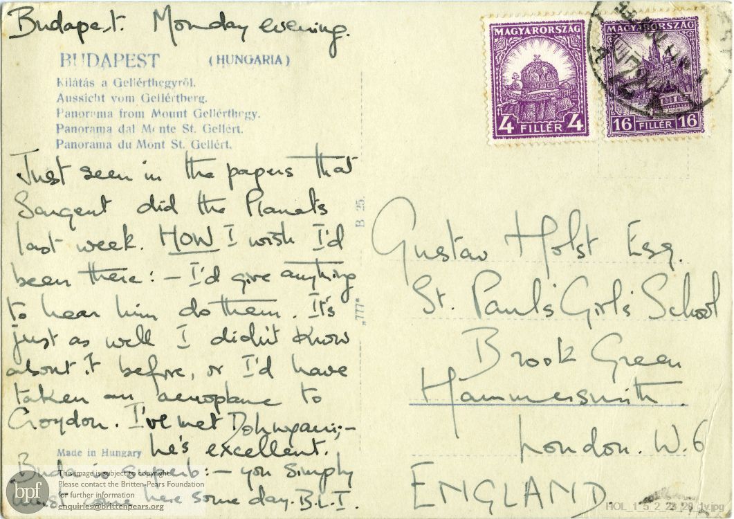 Postcard from Imogen Holst to Gustav Holst
