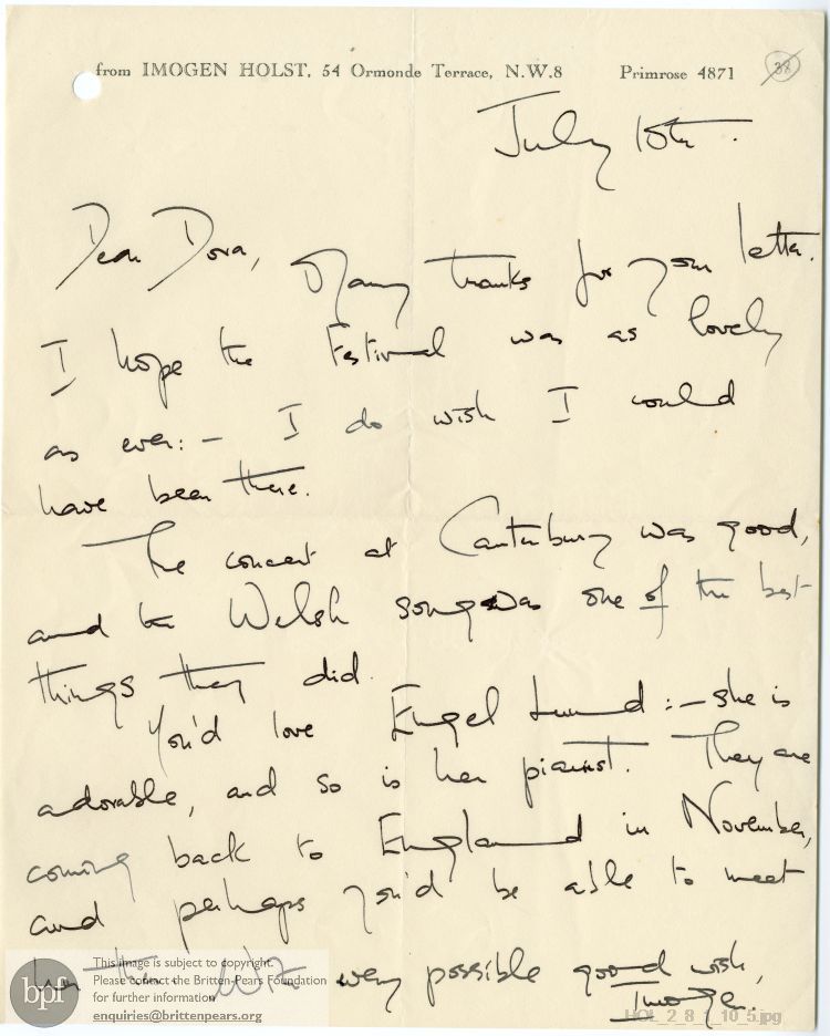 Letter from Imogen Holst to Dora Herbert Jones