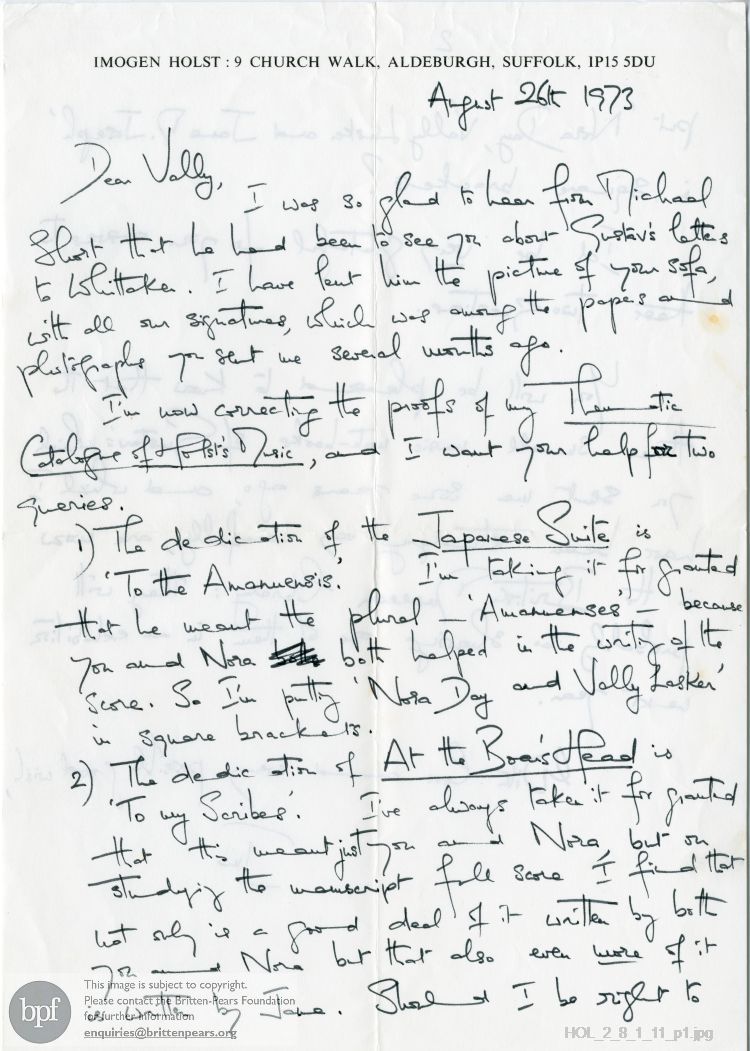 Letter from Imogen Holst to Vally Lasker