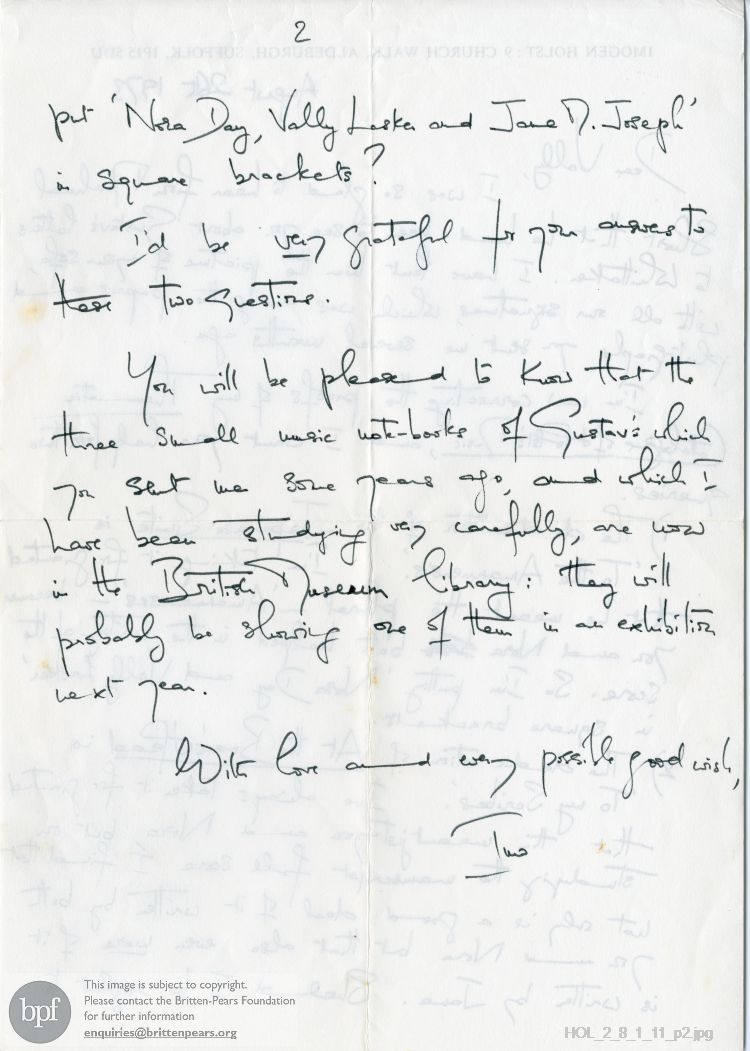 Letter from Imogen Holst to Vally Lasker