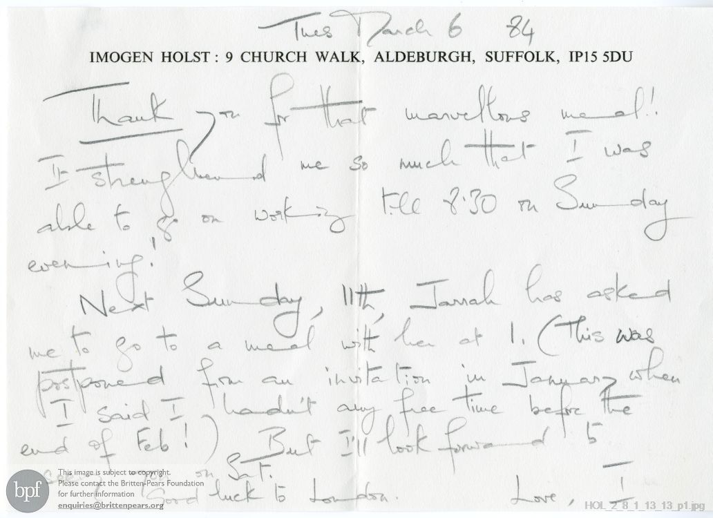 Letter from Imogen Holst to Rosamund Strode