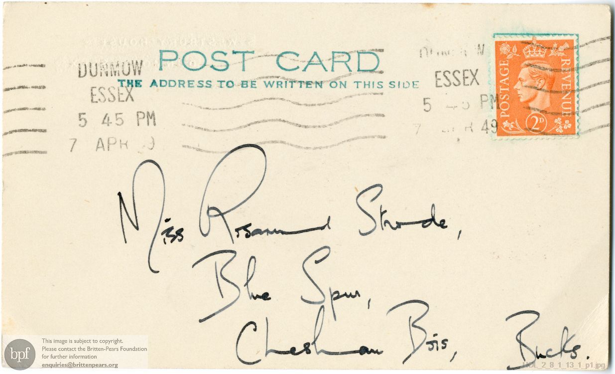 Postcard from Imogen Holst to Rosamund Strode