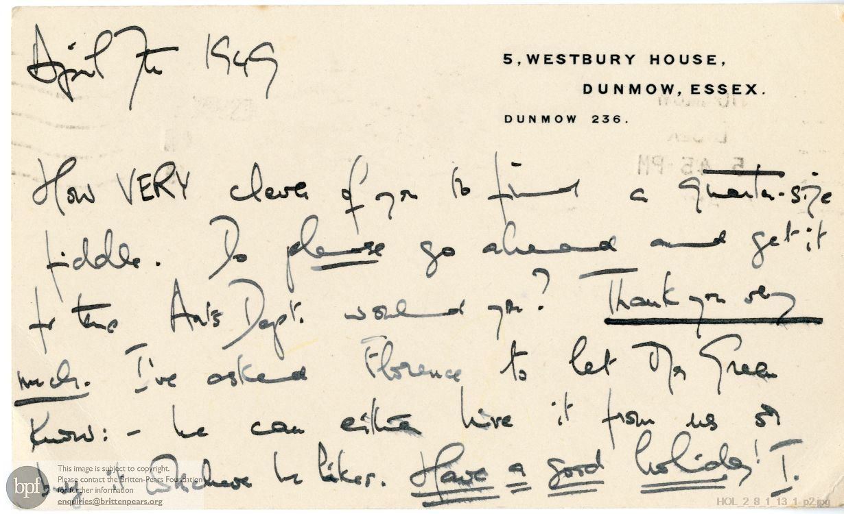 Postcard from Imogen Holst to Rosamund Strode