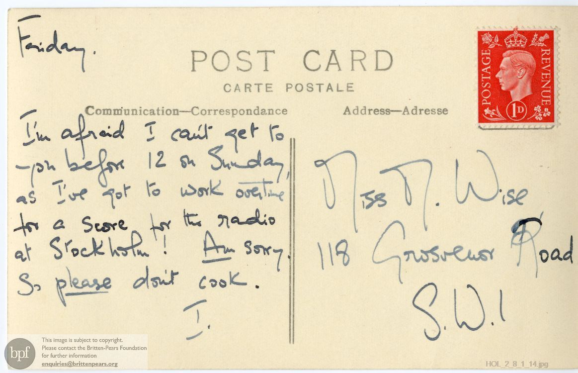 Postcard from Imogen Holst to Marjorie Wise