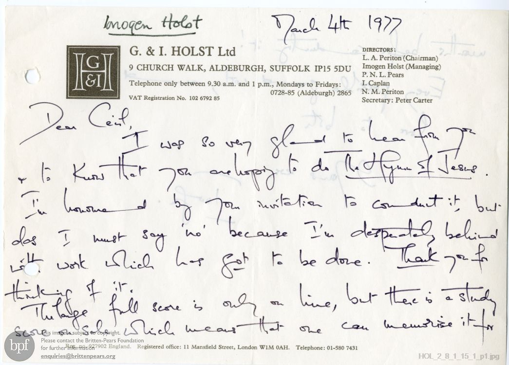 Letter from Imogen Holst to Cecil [?Aronowitz]