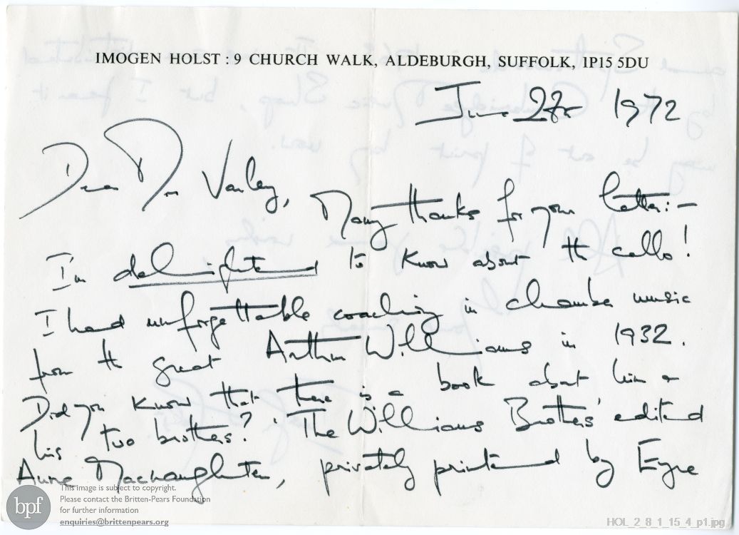 Letter between Imogen Holst and Mr [?]Varley