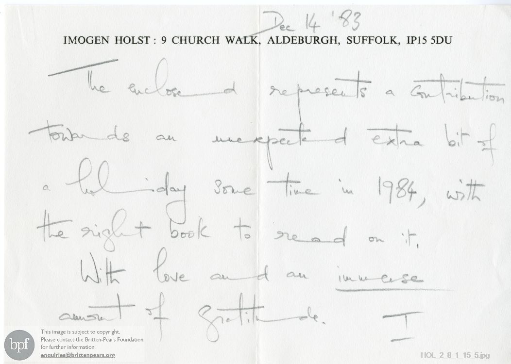 Note from Imogen Holst to unknown recipient
