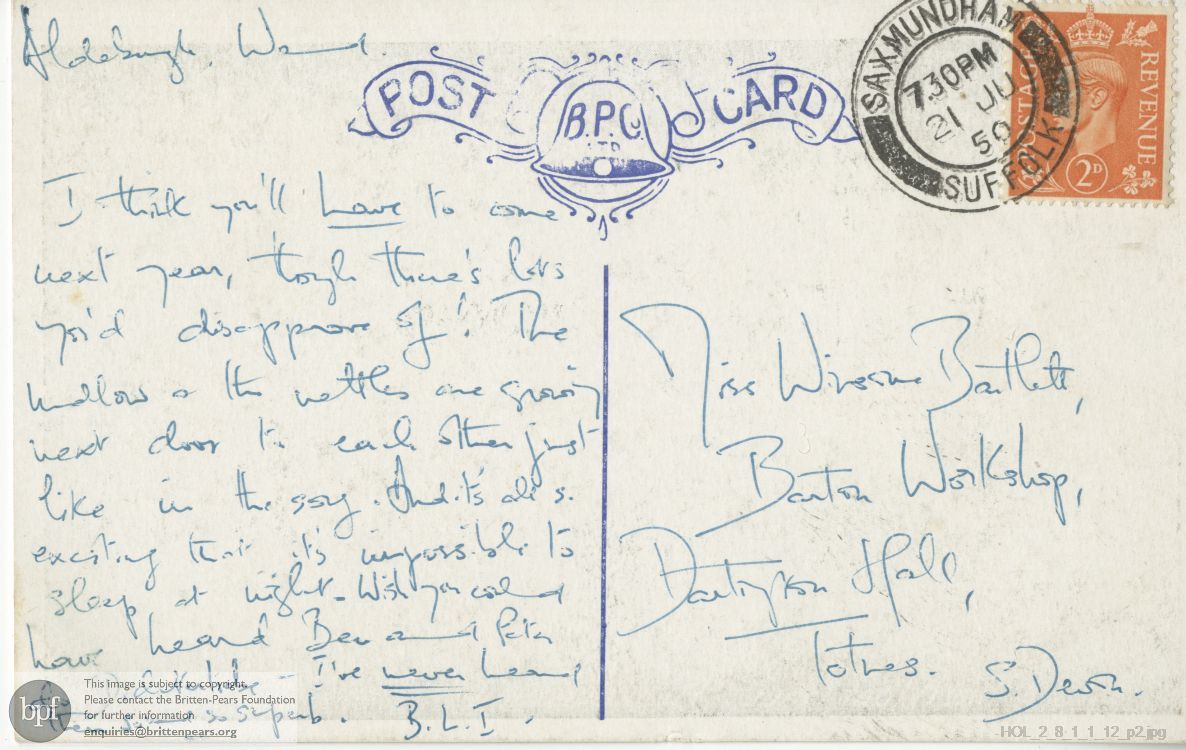 Postcard from Imogen Holst to Winsome Bartlett