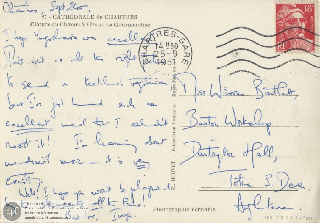 Postcard from Imogen Holst to Winsome Bartlett