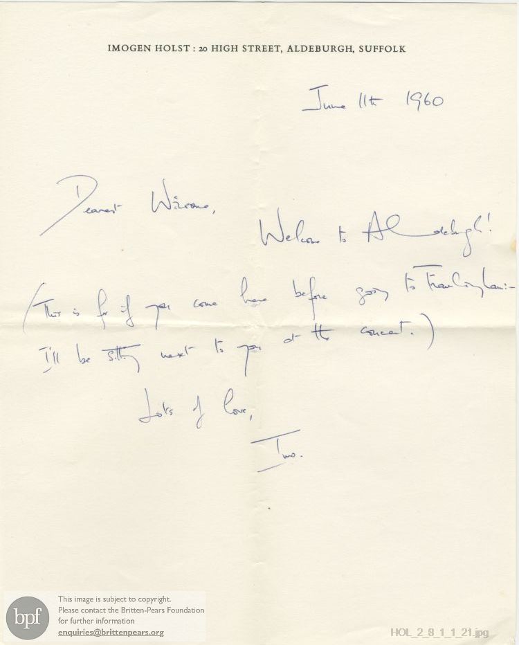 Note from  Imogen Holst to Winsome Bartlett