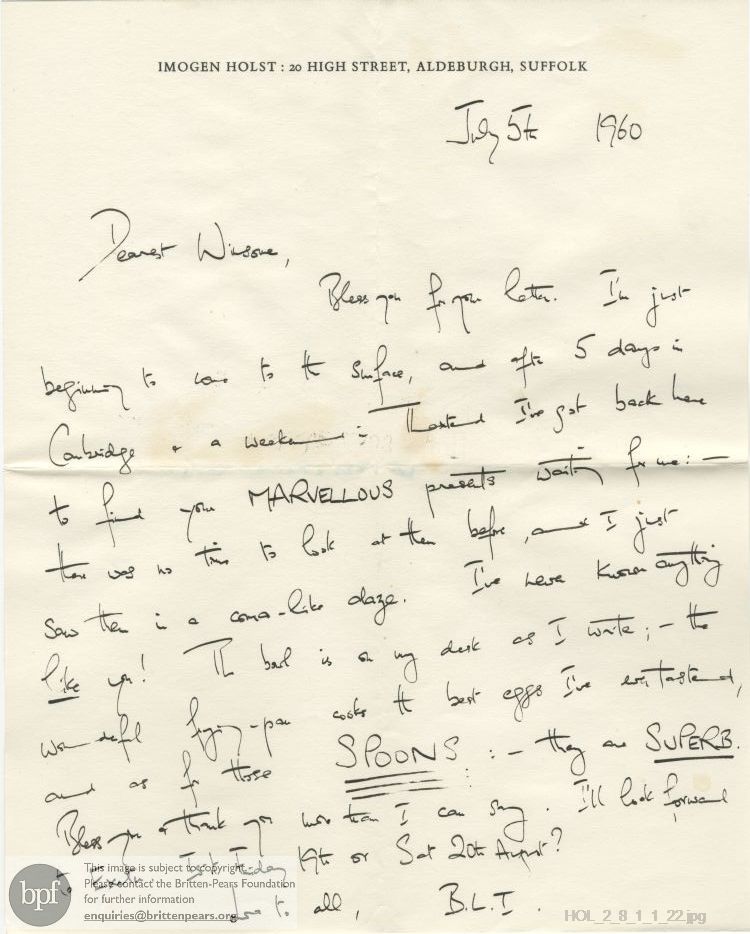 Letter from Imogen Holst to Winsome Bartlett