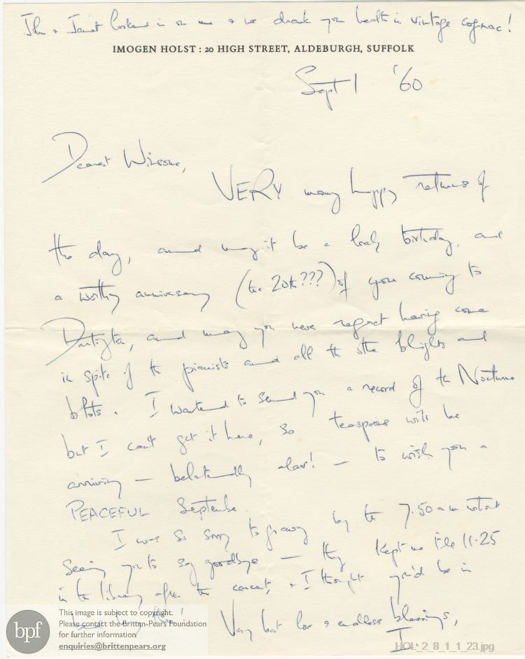 Letter from Imogen Holst to Winsome Bartlett