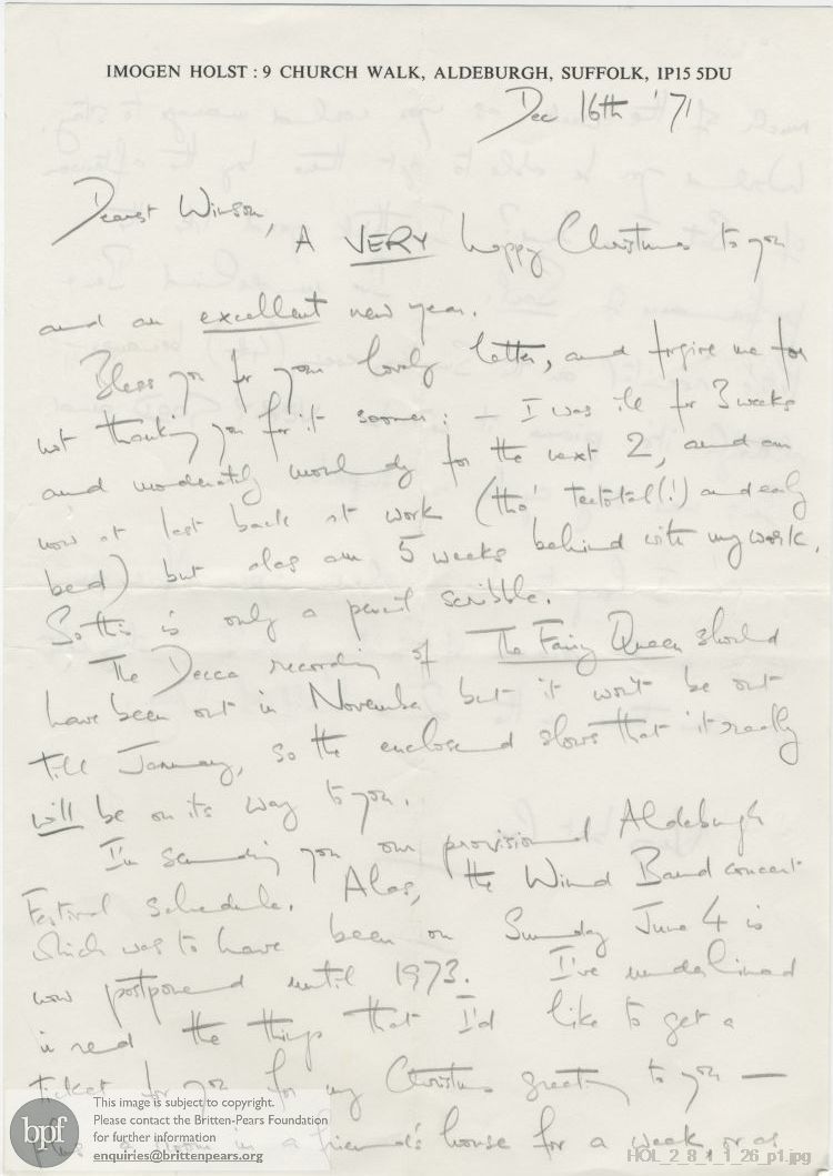 Letter from Imogen Holst to Winsome Bartlett