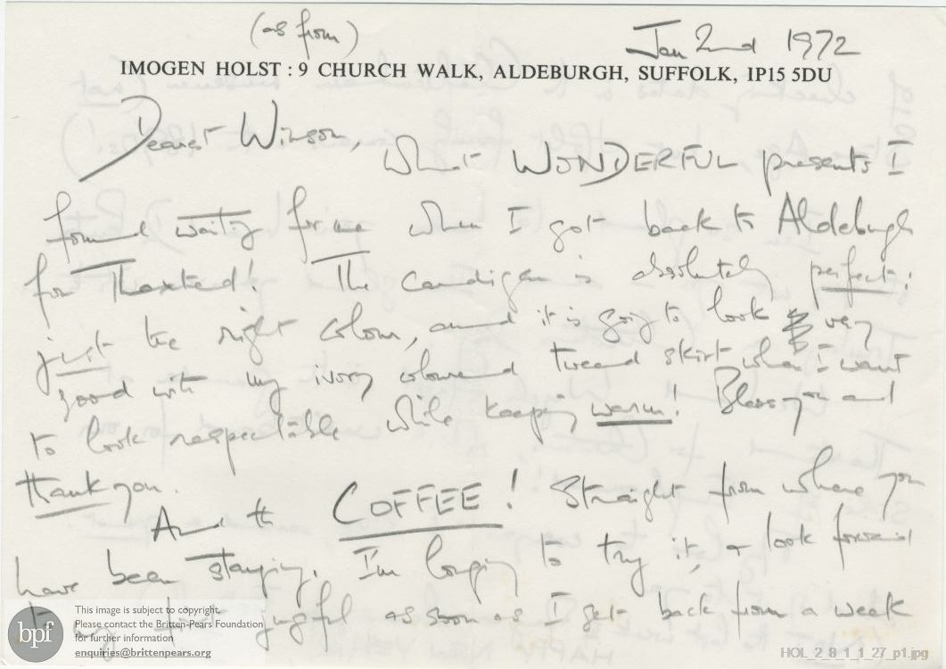 Letter from Imogen Holst to Winsome Bartlett