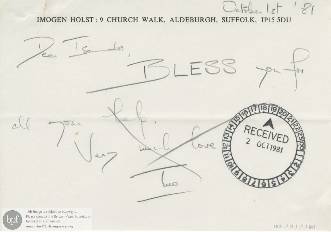 Note from Imogen Holst to Isador Caplan