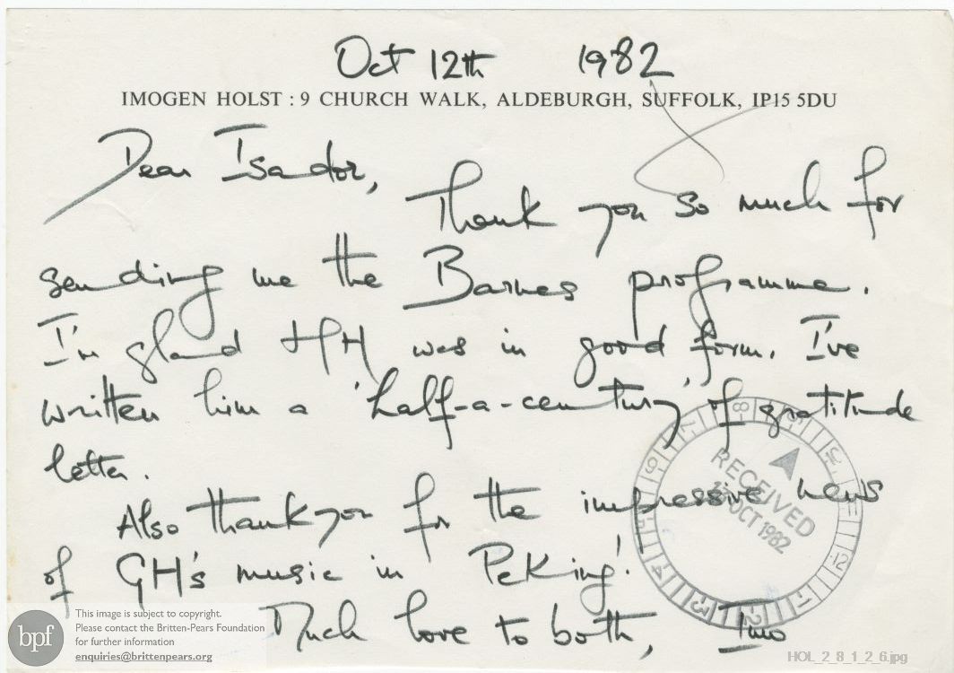 Letter from Imogen Holst to Isador Caplan