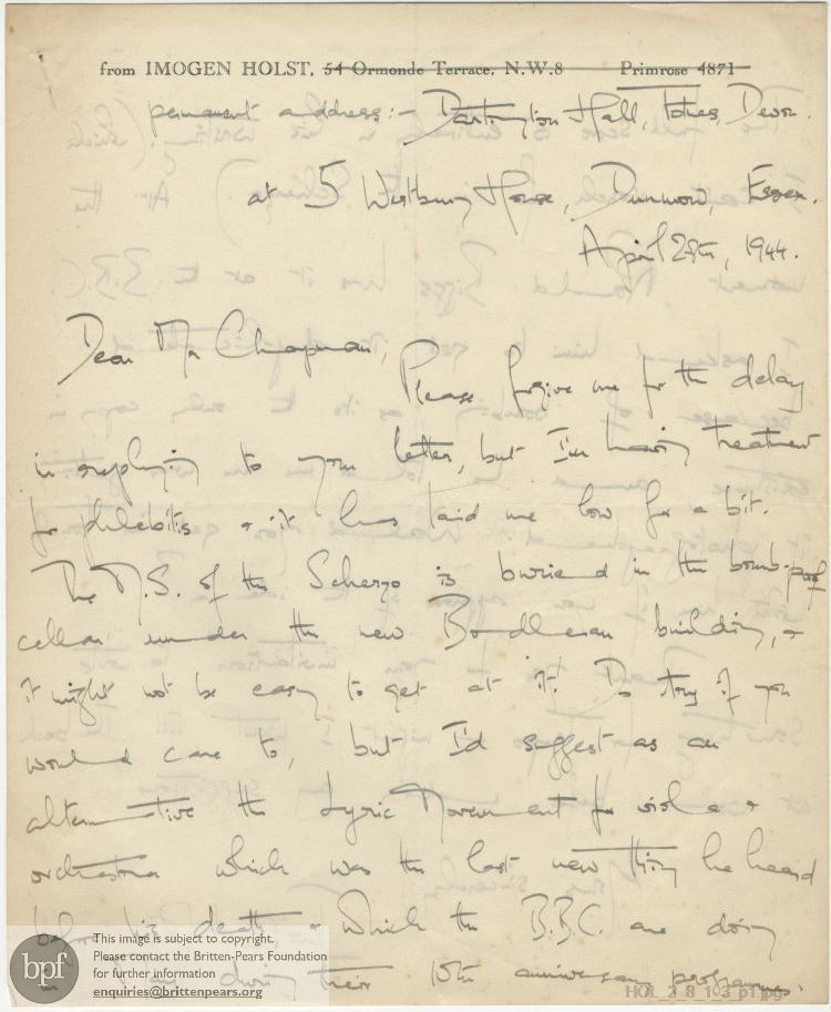 Letter from Imogen Holst to Ernest Chapman