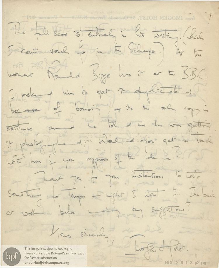 Letter from Imogen Holst to Ernest Chapman