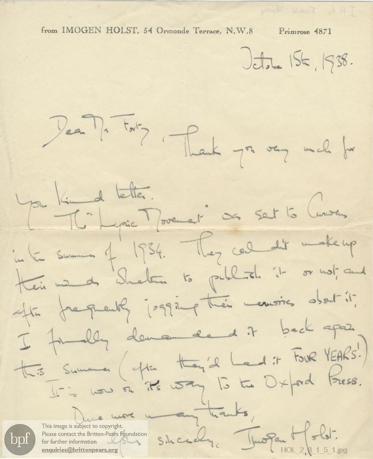 Letter from Imogen Holst to Frank Forty